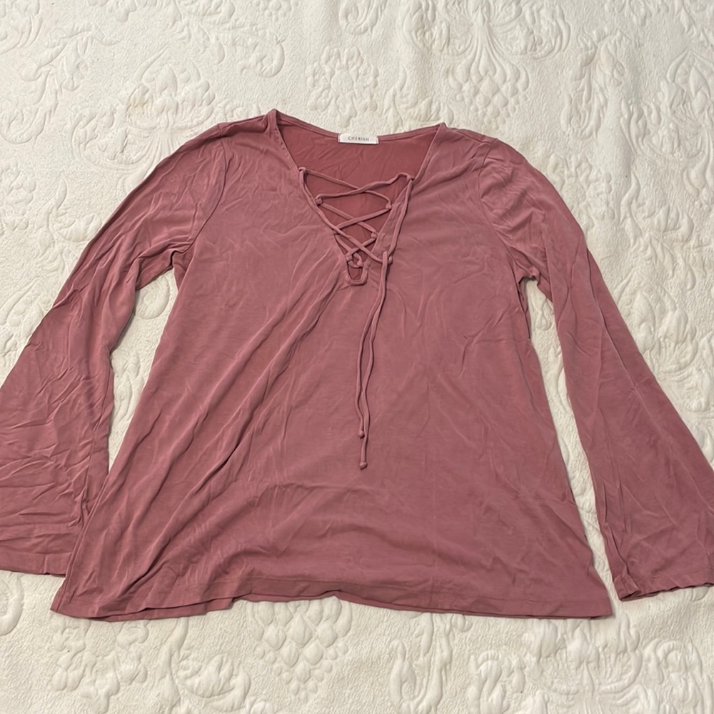Dusty pink bell sleeve tie v-neck top